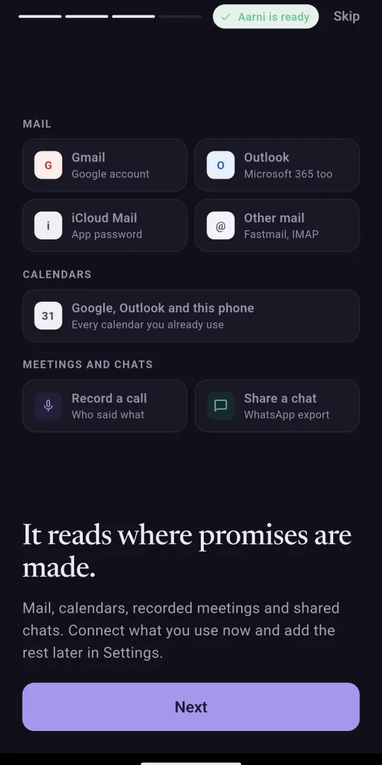 Mail, calendar, meeting and chat sources to connect